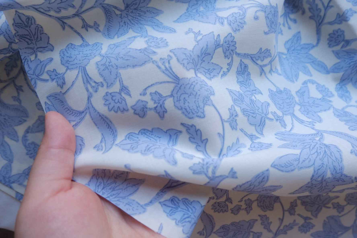 Blue Porcelain Botanical Cotton Poplin Fabric – 2.19 yd