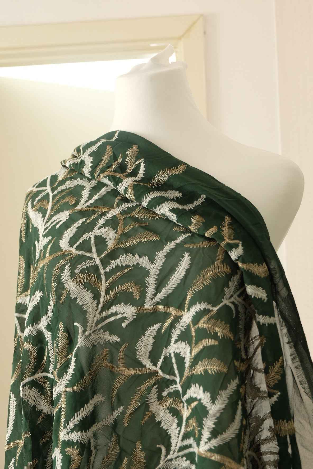 Emerald Green Embroidered Mesh Fabric with Gold Thread, 2.73 Yards