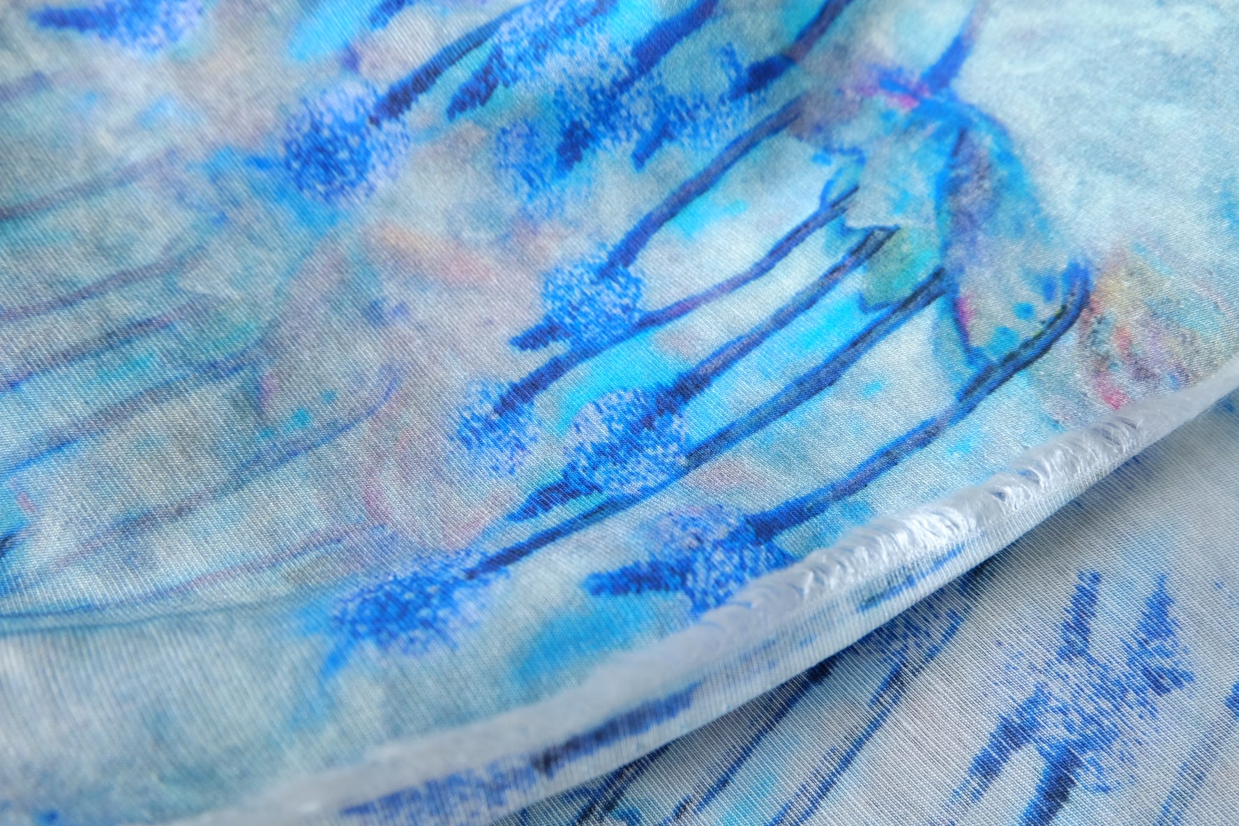 Blue Watercolor Abstract Floral Tencel Linen Blend — 2.19 yd