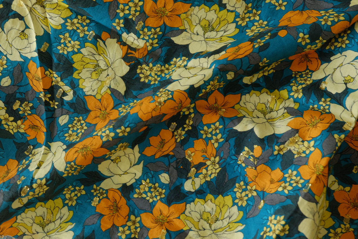 Teal & Orange Floral Gold-Dot Cotton Lawn – 1.6 yd