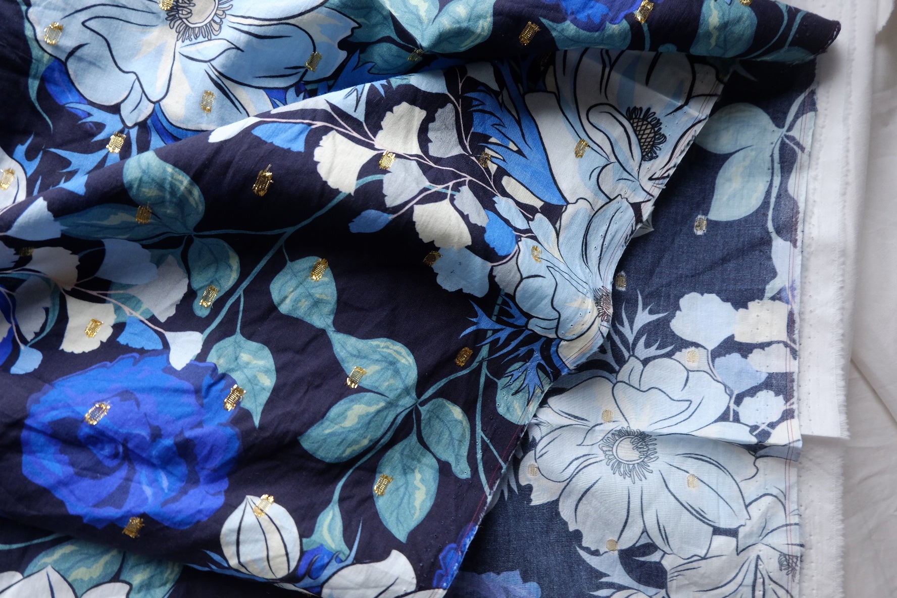 Blue Floral Gold-Dobby Cotton Lawn – 1.2 yd