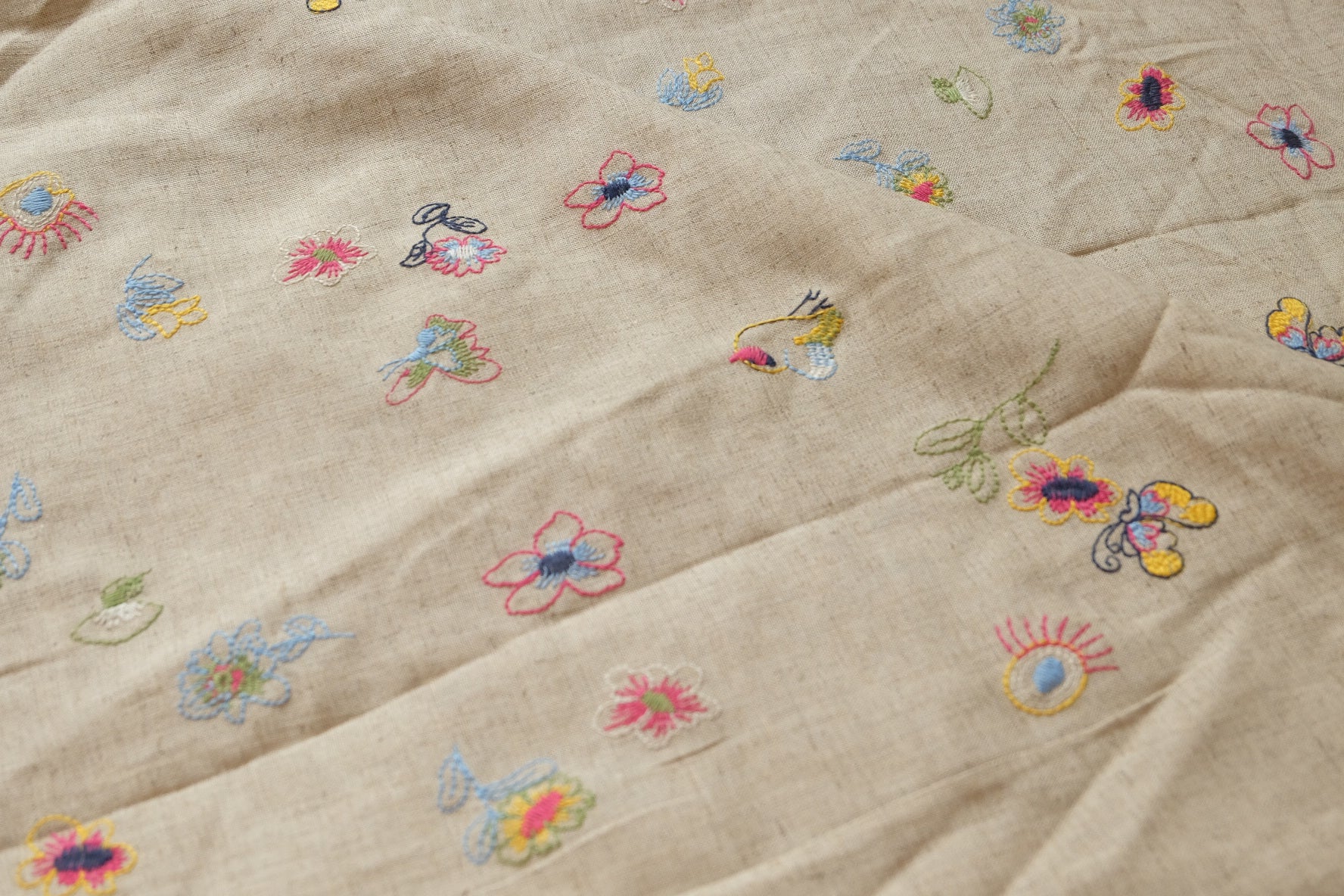 Embroidered Linen Rayon Blend Fabric, Whimsical Floral Motifs for Spring Summer Sets, 1.64 Yards