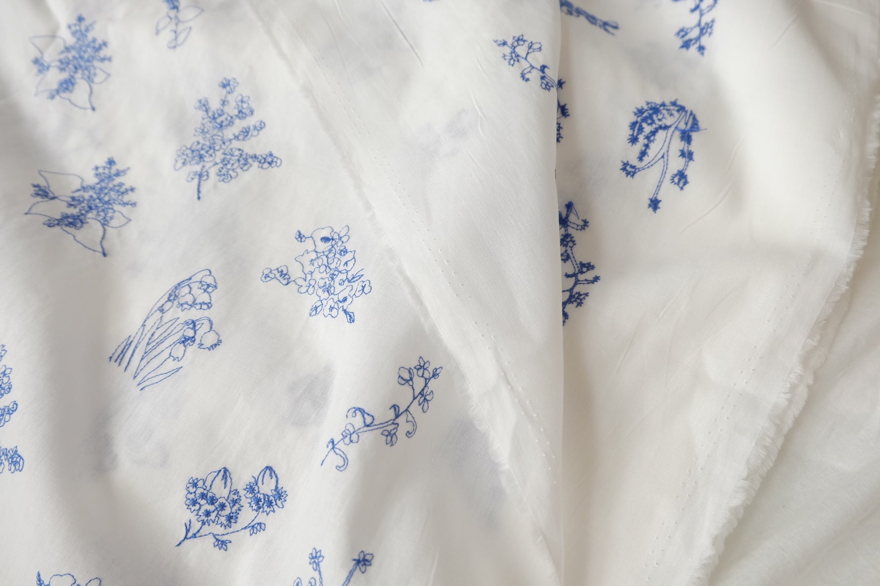 Blue Botanical Embroidered Cotton Fabric, 2.2 Yards