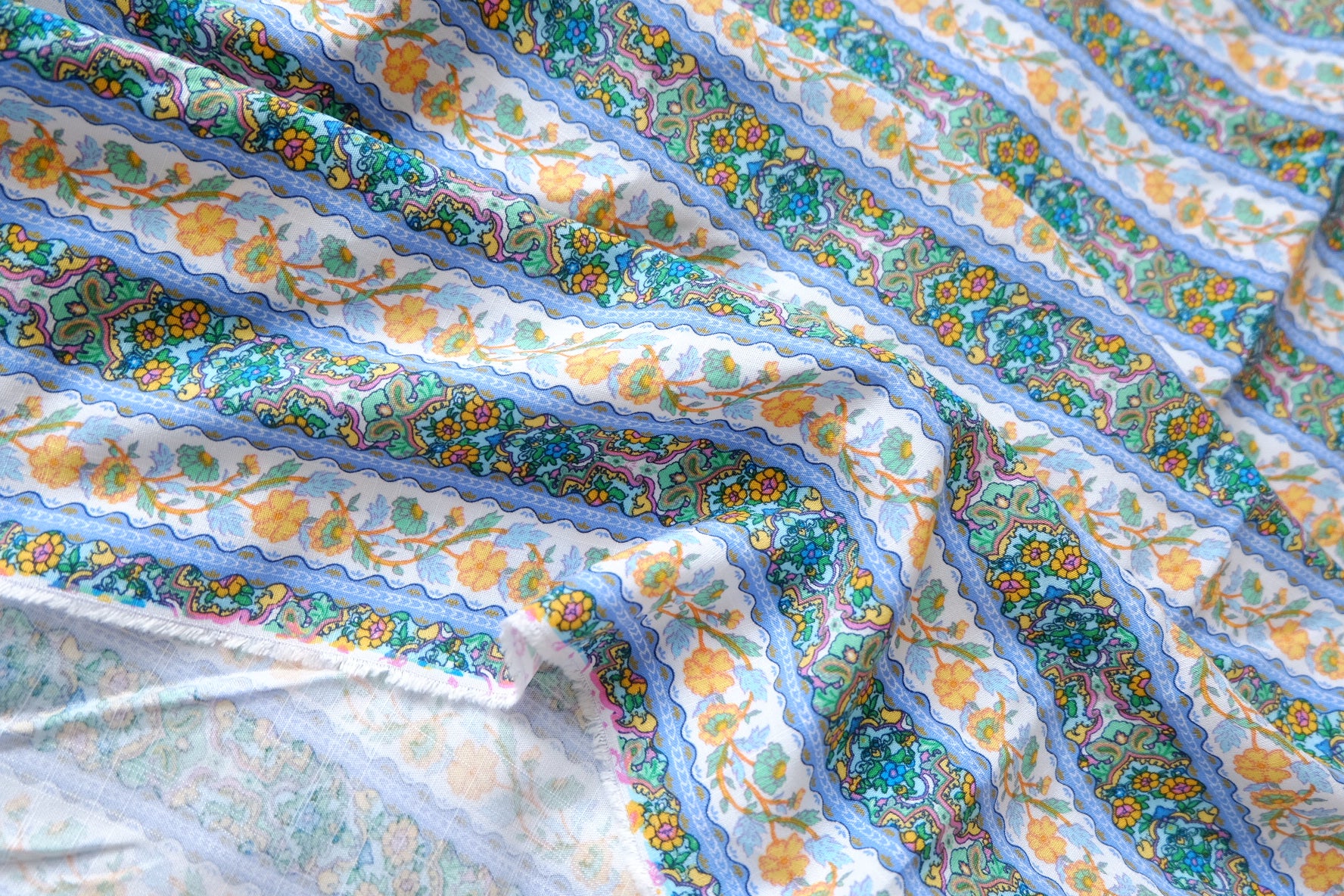 Soft Blue Paisley Floral Tencel Linen Fabric 1.6 Yards