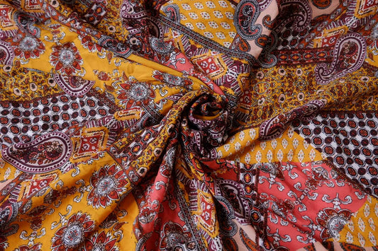 Bohemian Patchwork Chiffon Fabric, Airy Opaque Summer Dress Weight, 2.19 Yards