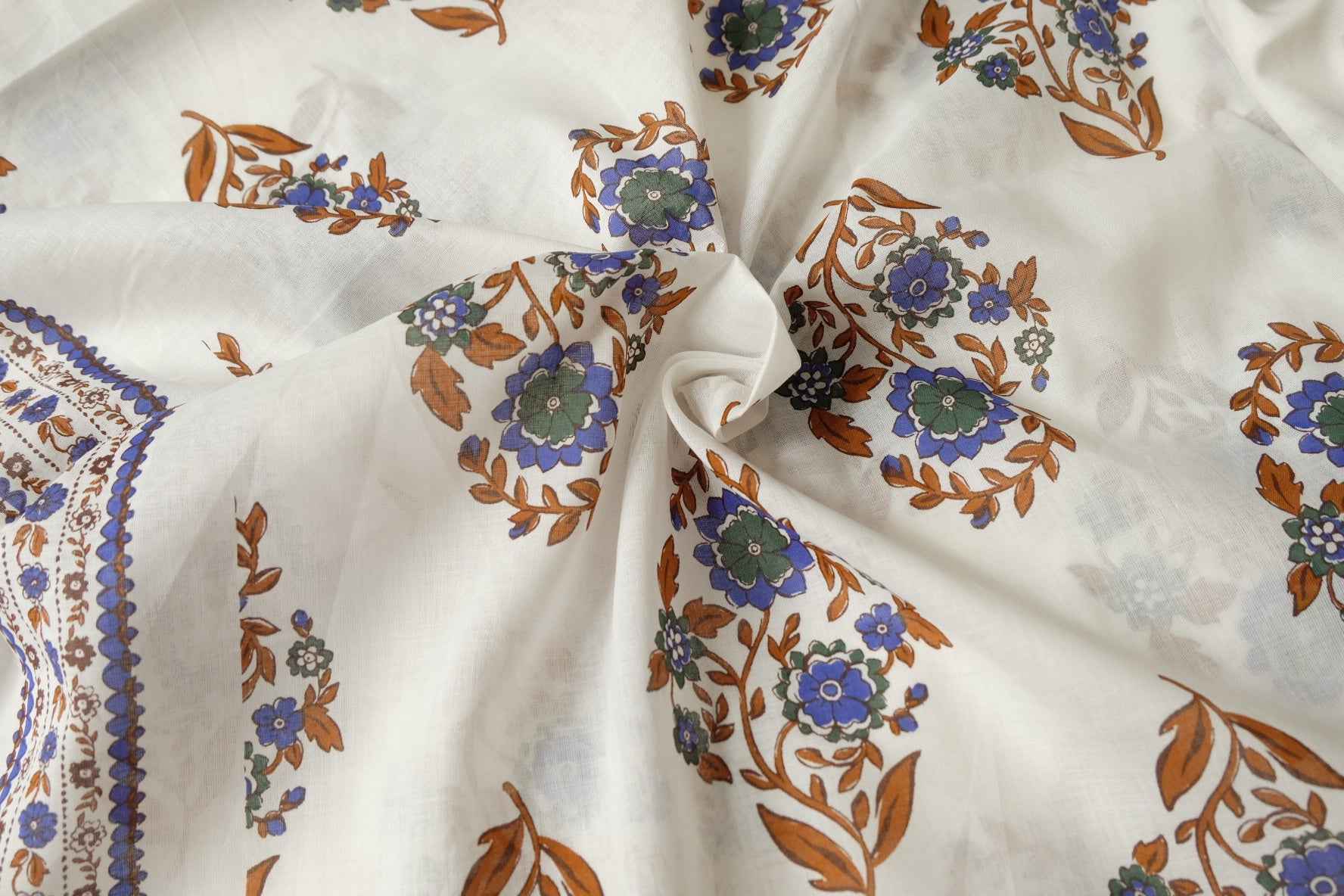 Border Floral Tencel Cotton Voile Fabric, Sheer Lightweight Dress Weight, 2.19 Yards