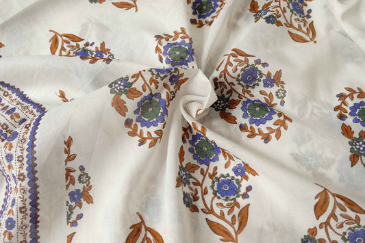 Border Floral Tencel Cotton Voile Fabric, Sheer Lightweight Dress Weight, 2.19 Yards