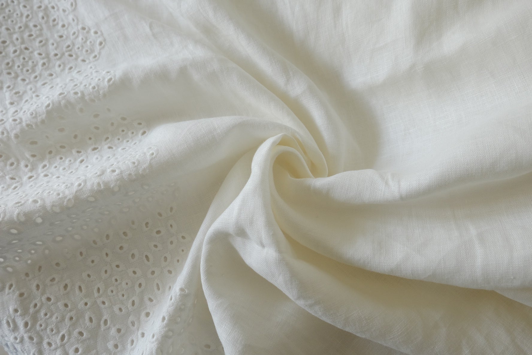 Ivory Eyelet Border Pure Linen Fabric, 2.19 Yards
