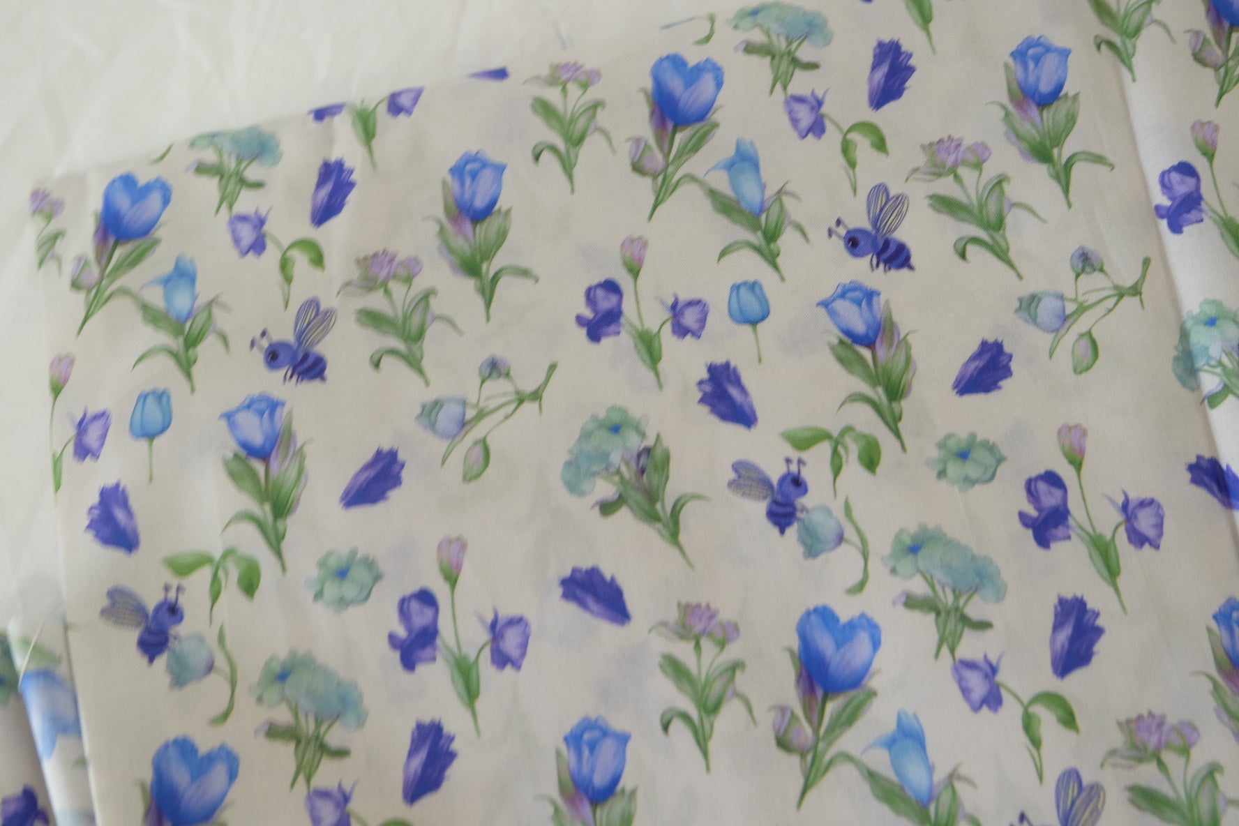 Blue Meadow Cotton Lawn Fabric – Floral Bee Garden Print (3.8 yd Cut)