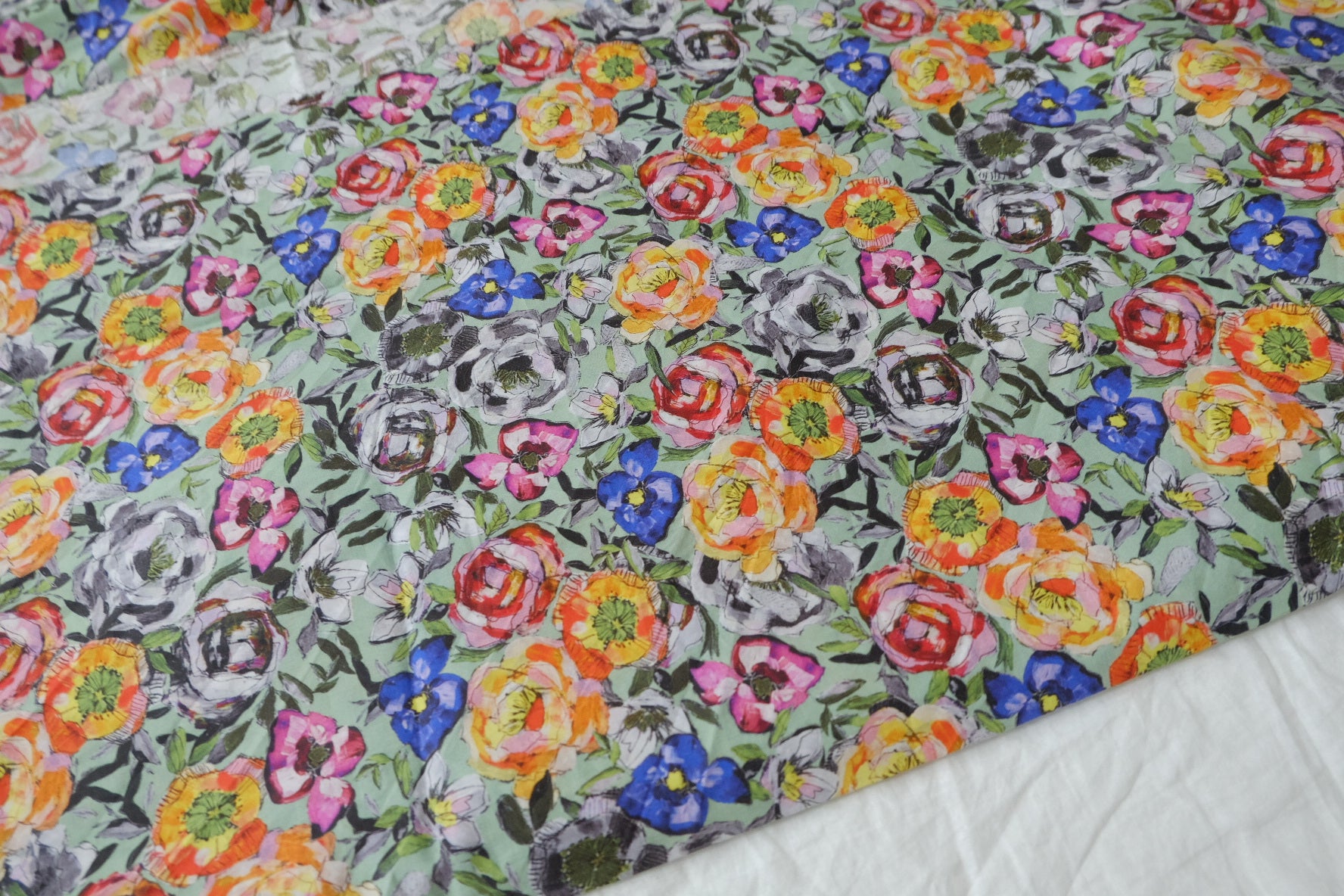 Mint Painted Floral 80s Cotton Lawn Fabric — 3.28 yd