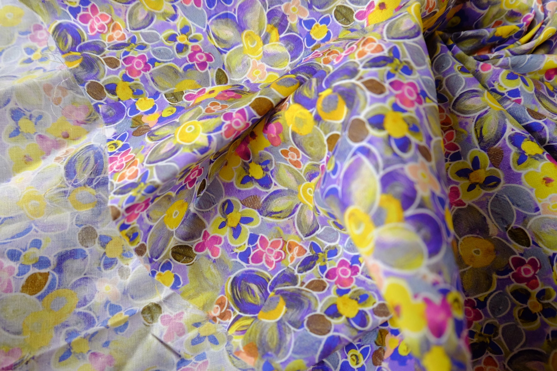 Painterly Purple Yellow Floral Cotton Lawn Fabric - 3.28 yd