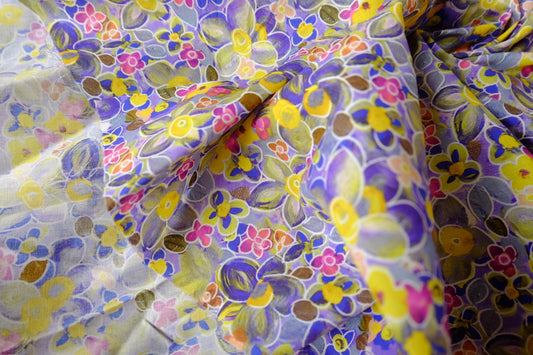 Painterly Purple Yellow Floral Cotton Lawn Fabric - 3.28 yd