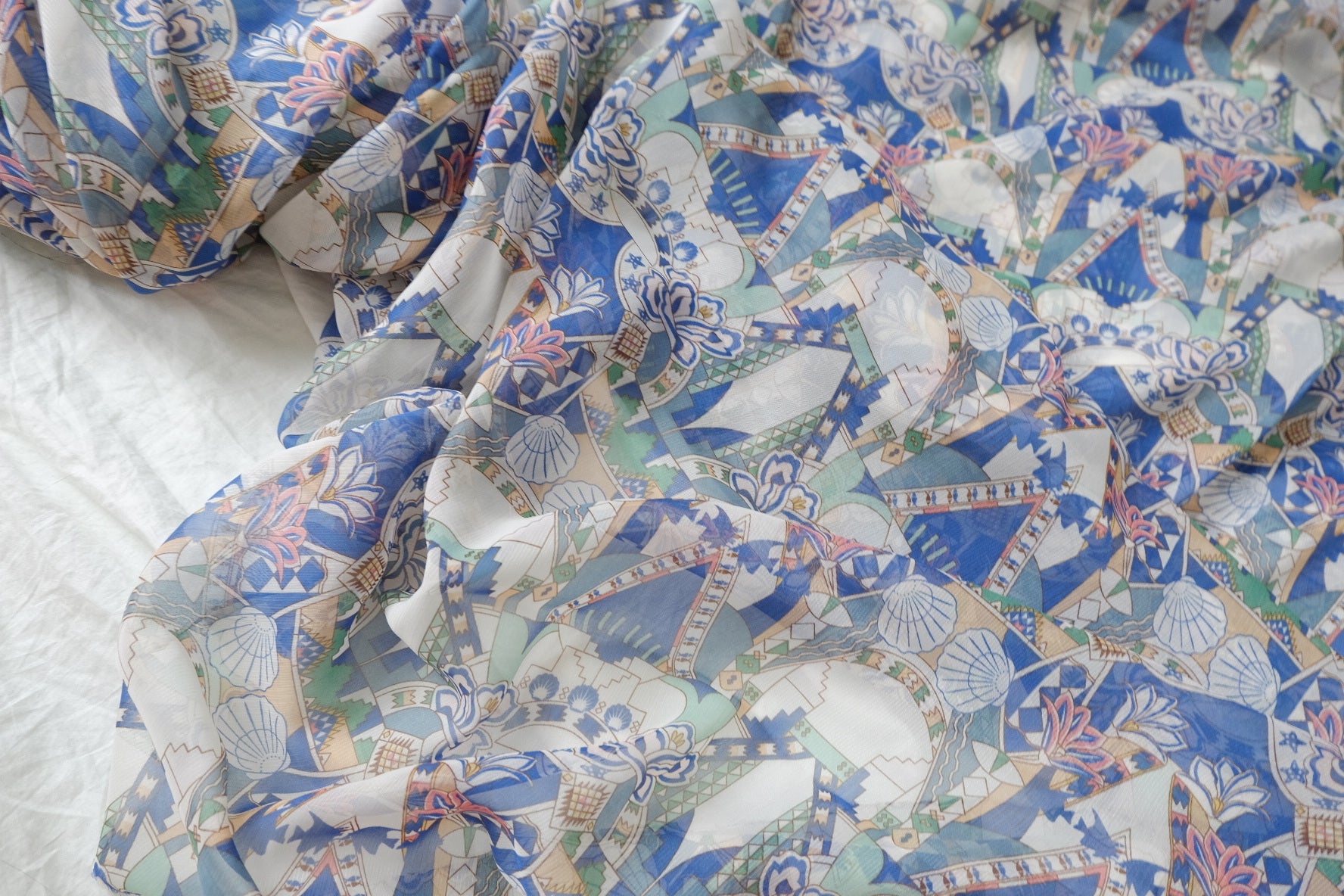 Blue Mosaic Floral Chiffon Fabric — 5.47 yd