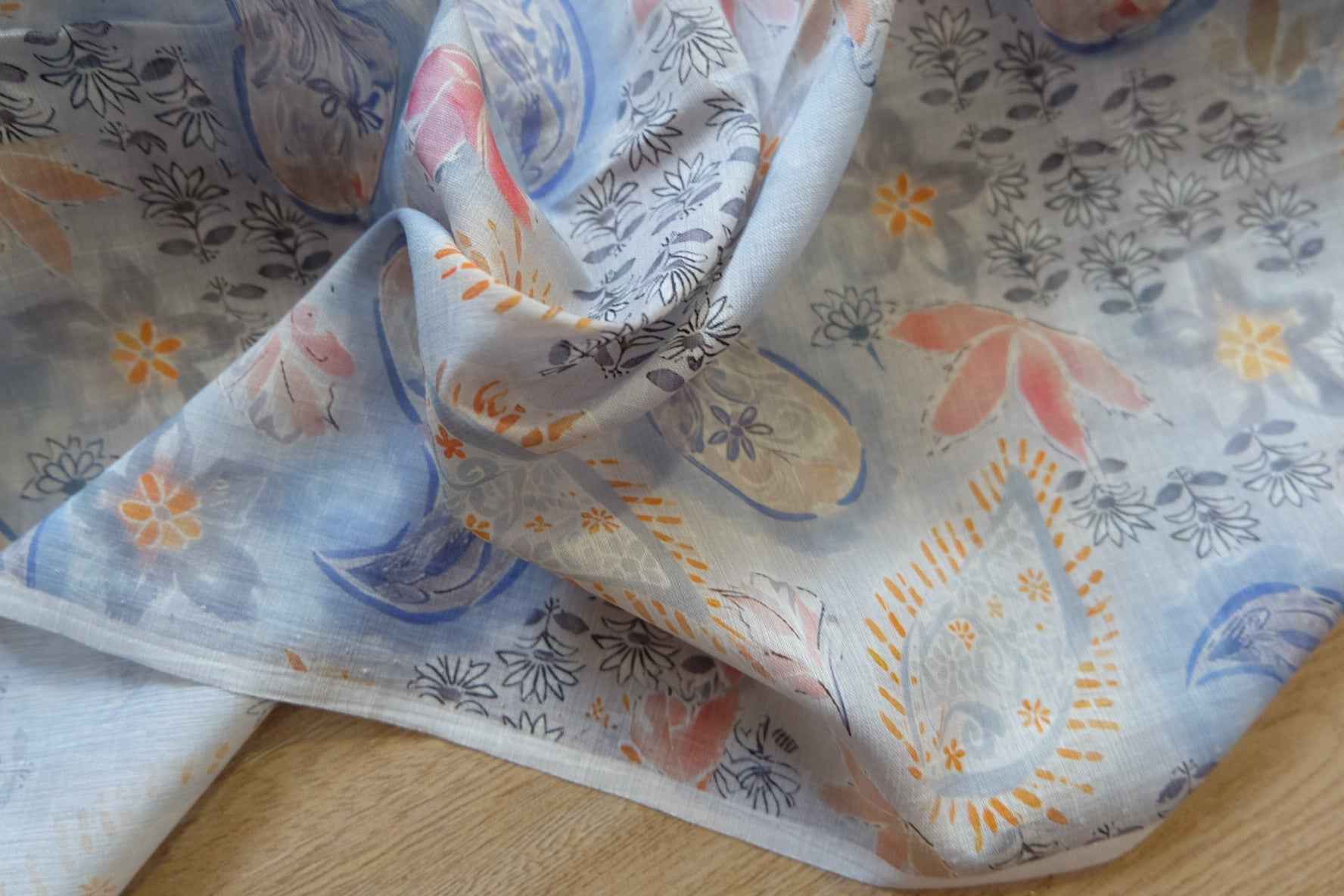 3 for 58 | Soft Blue Paisley Floral Tencel Linen Fabric — 1.64 Yards