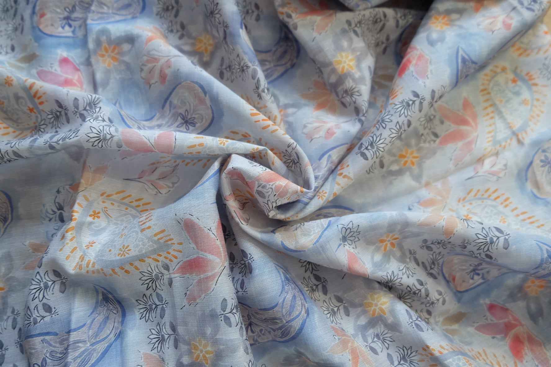 3 for 58 | Soft Blue Paisley Floral Tencel Linen Fabric — 1.64 Yards