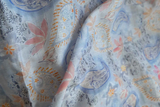 3 for 58 | Soft Blue Paisley Floral Tencel Linen Fabric — 1.64 Yards