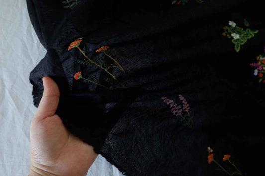 Black Embroidered Floral Tencel Cotton Fabric – 2.2 yd