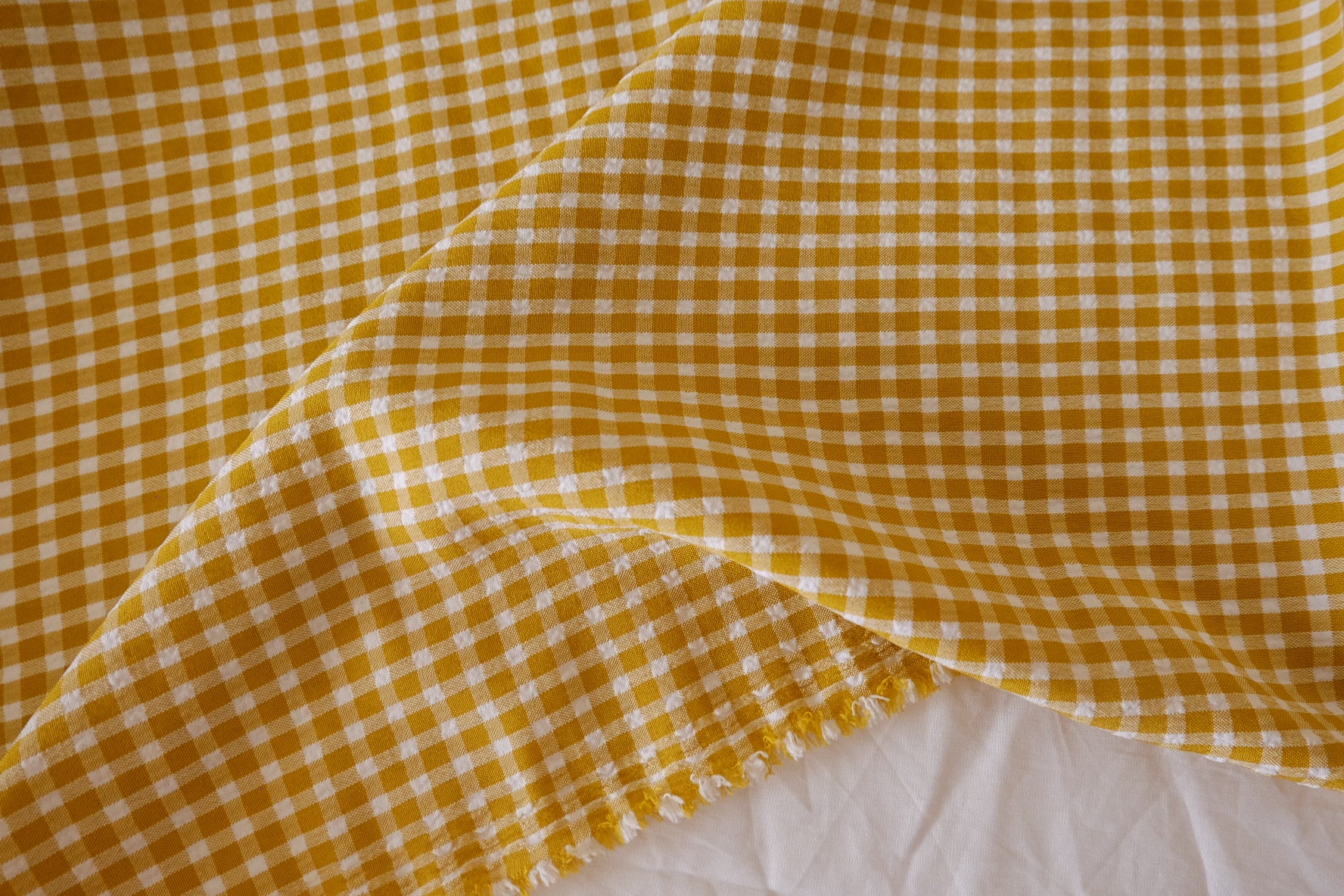 Mustard Yellow Gingham Cotton Blend Fabric - 3.3 yd
