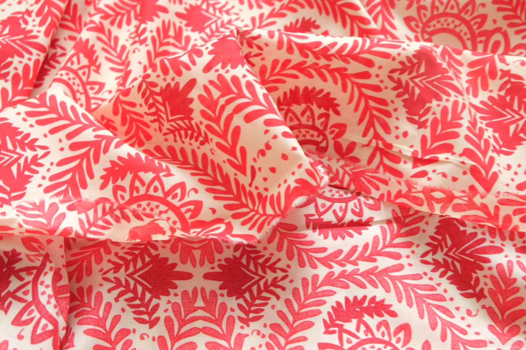 Coral Red Folk Print Cotton Poplin Fabric, Lightweight Dress and Blouse Weight, 2.19 Yards
