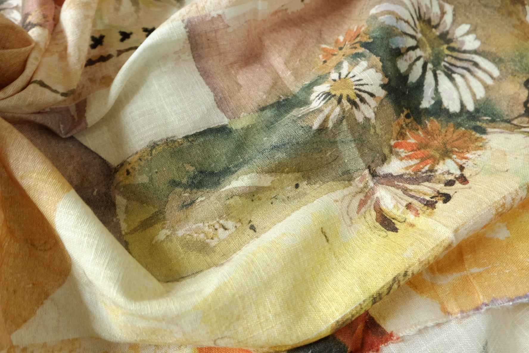 Linen Scenic Floral Fabric, Soft Vacation Dress Weight, 2.19 Yards