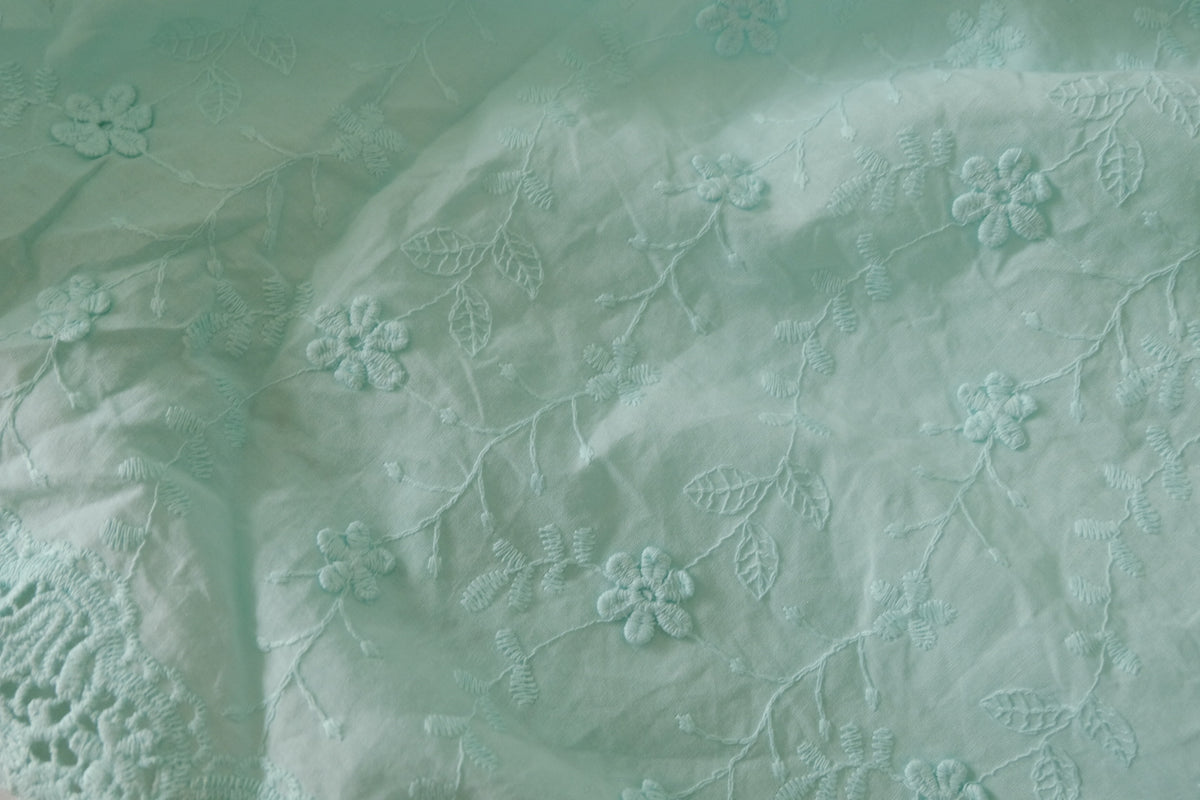 Mint Floral Border Embroidered Cotton — 2.19 yd
