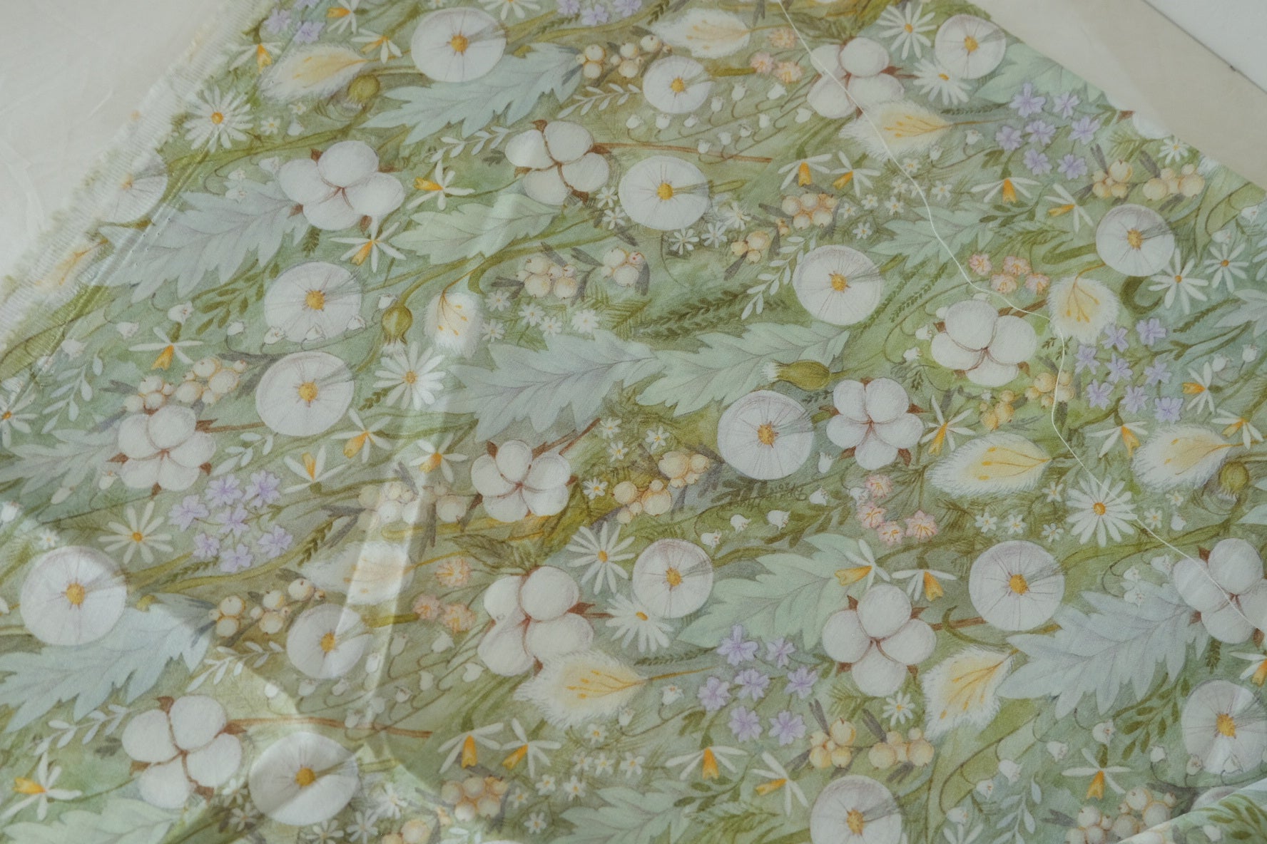Sage Botanical Floral Cotton Sateen Fabric – Soft Green Garden Print – 1.6 yd