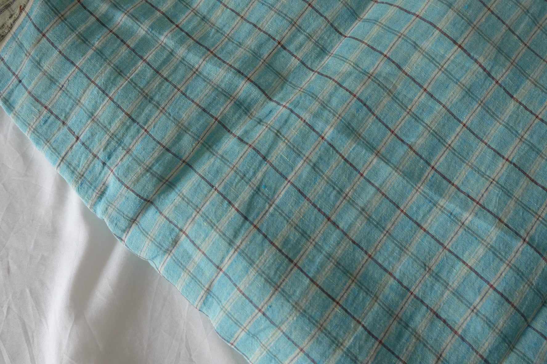 Aqua Blue Yarn-Dyed Plaid Pure Linen Fabric – 1.6 yd