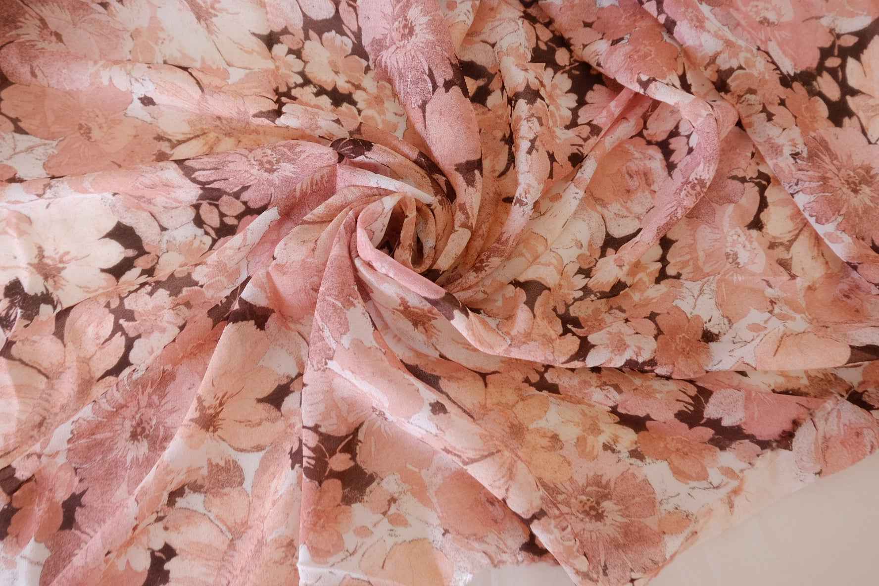 Sheer Rayon Chiffon Fabric – Vintage Peach Floral Print  3.3 yd