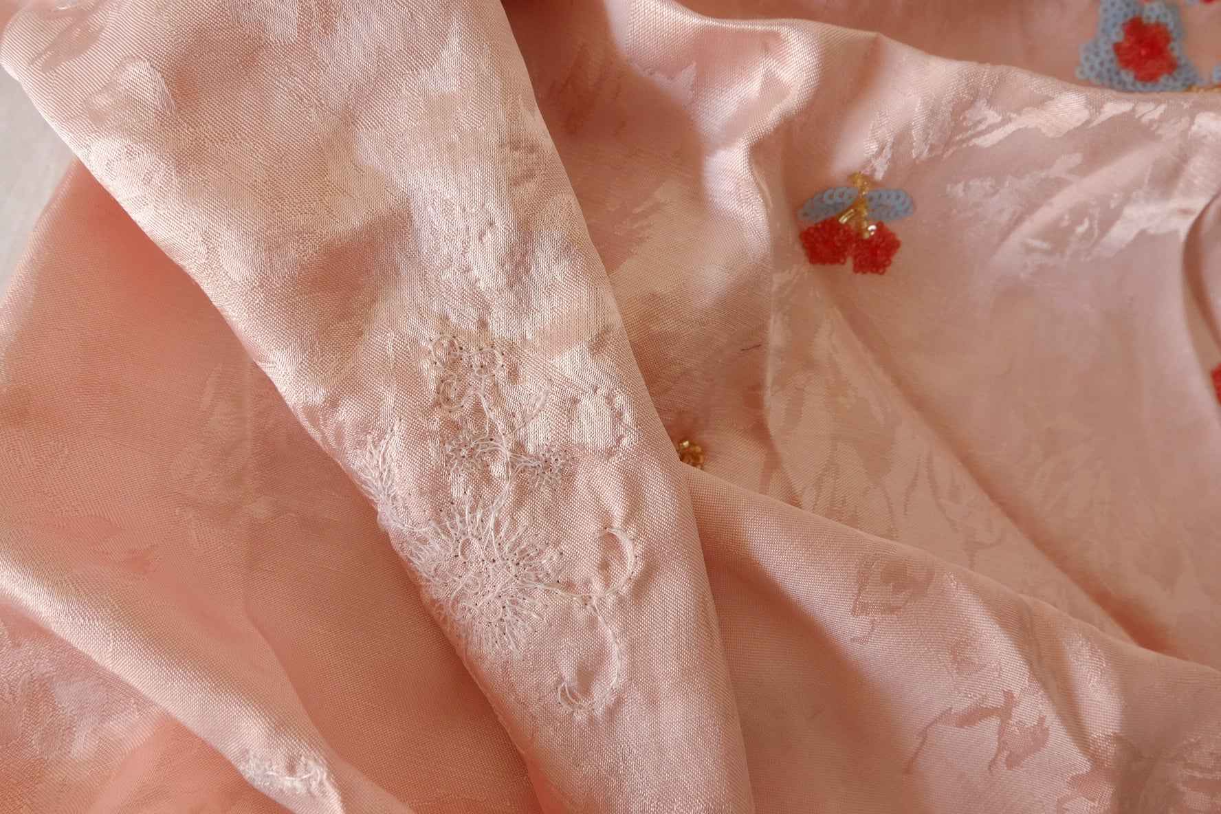Blush Pink Beaded Jacquard Satin Fabric – 1.6 yd