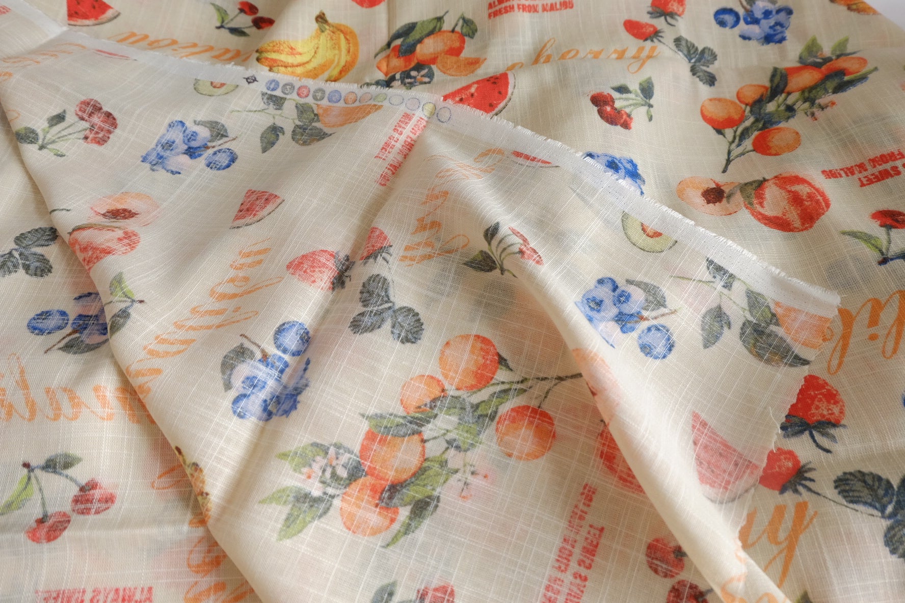 Retro Fruit Label Linen-Look Cotton-Poly Fabric - 1.64 yd