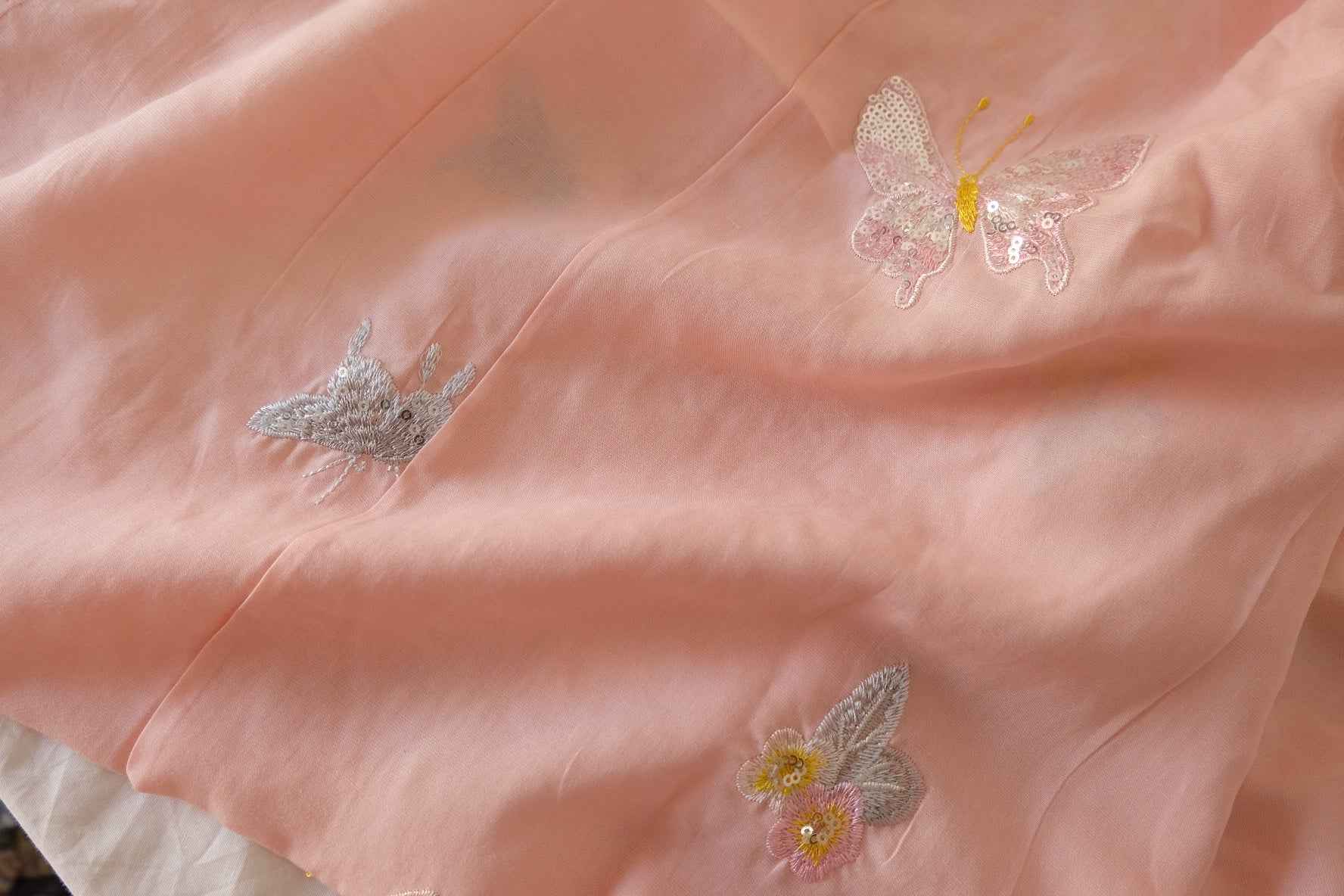 Blush Pink Butterfly Sequin Embroidered Tencel Fabric – 2.2 yd
