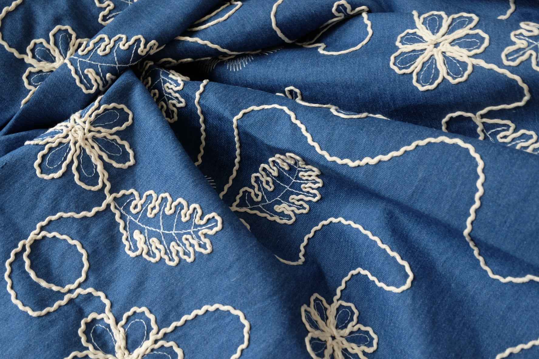 Blue Embroidered Cotton Denim Fabric for Vests, Jackets and Skirts, 2.19 Yards