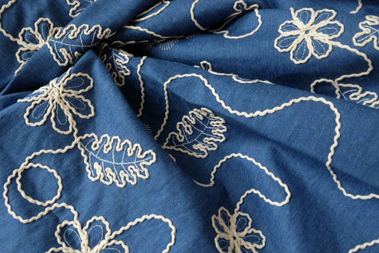 Blue Embroidered Cotton Denim Fabric for Vests, Jackets and Skirts, 2.19 Yards