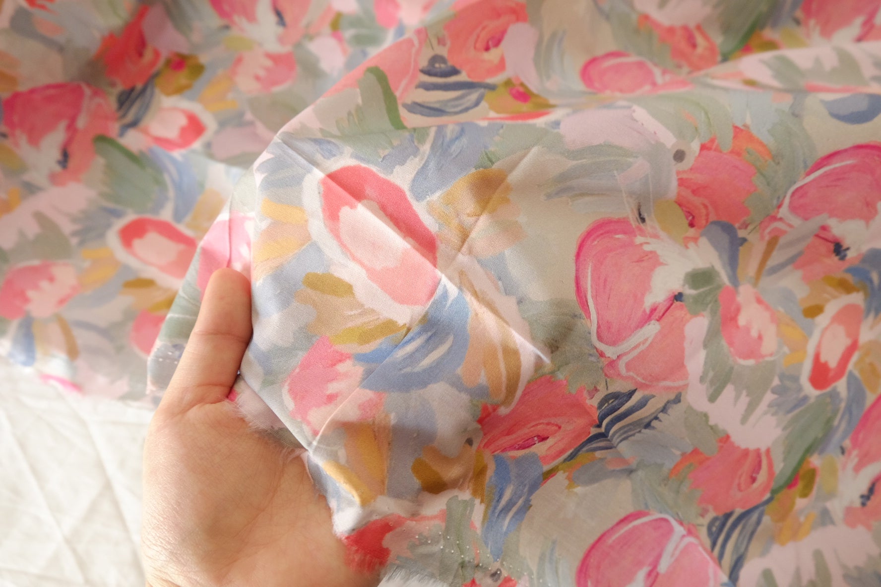 Coral Rose Painted Bouquet Cotton Lawn Fabric – 3.83 yd Piece