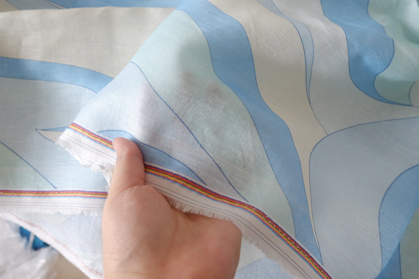 Blue Abstract Wave Print Pure Linen – 2.08 yd