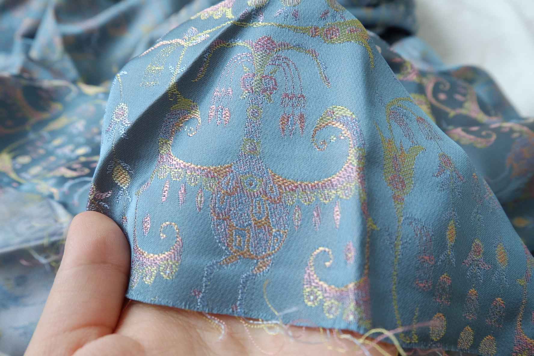Silk Double-Sided Brocade Fabric, Fantasy Creature Jacquard in Dusty Blue, 2.19 Yards