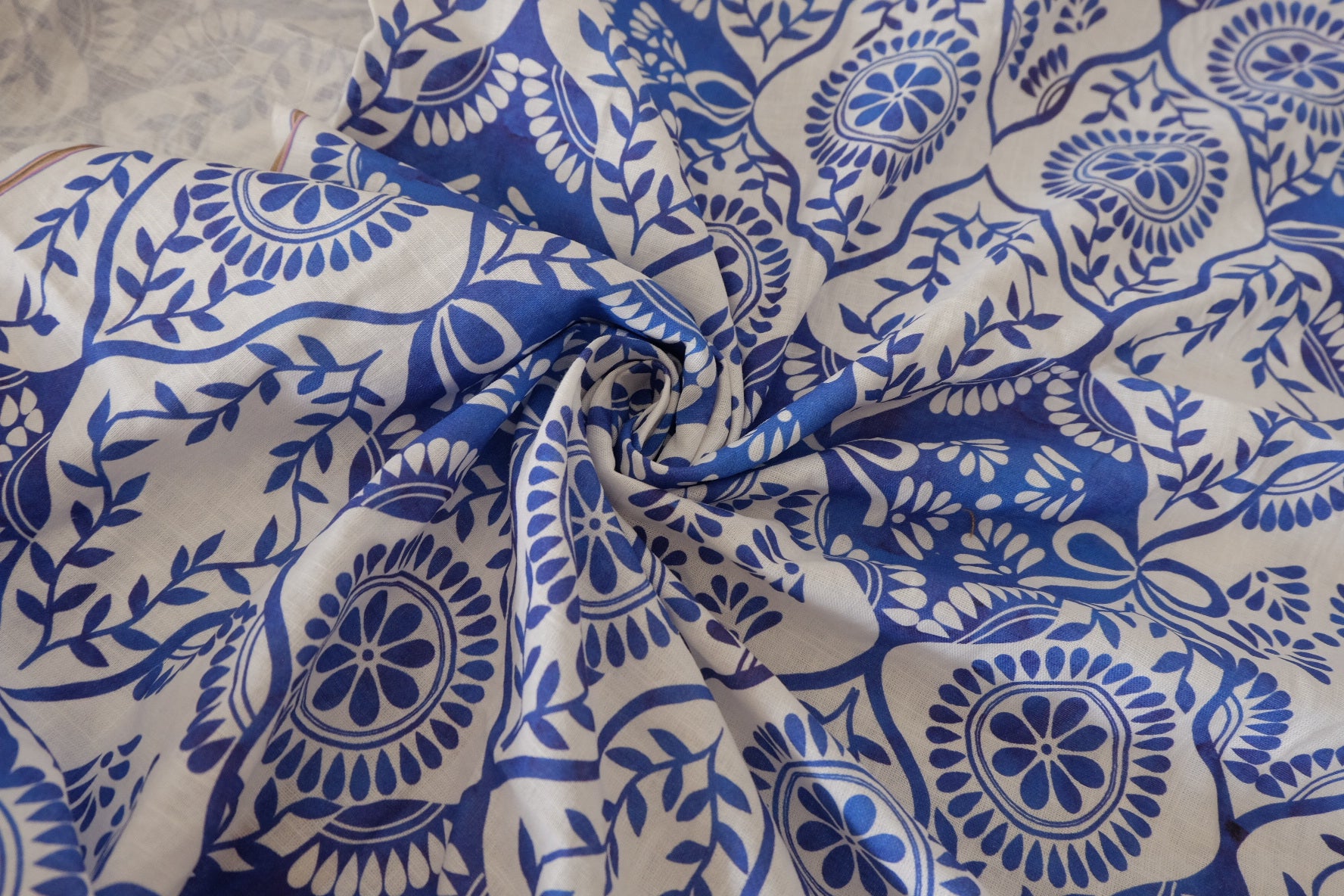 Blue Geometric Floral Cotton Linen Blend Fabric – 1.7 yd