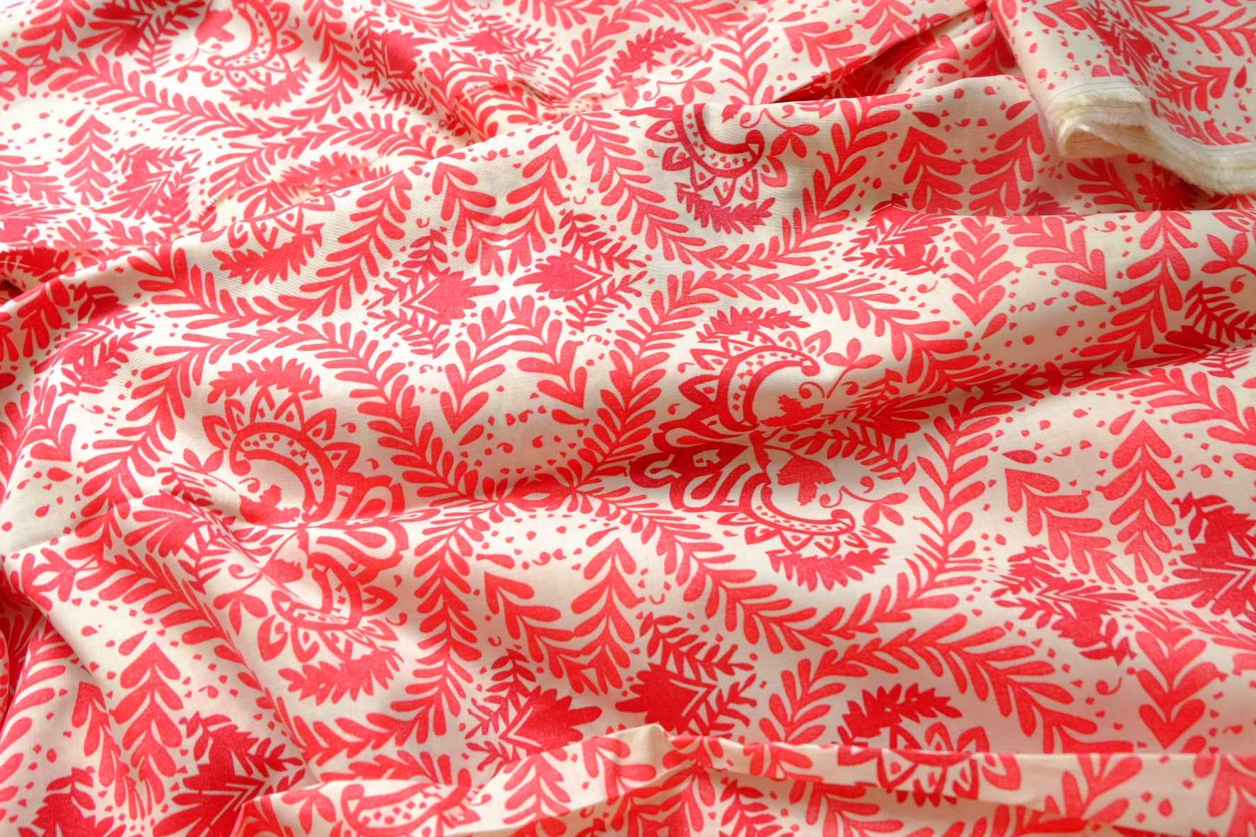 Coral Red Folk Print Cotton Poplin Fabric, Lightweight Dress and Blouse Weight, 2.19 Yards