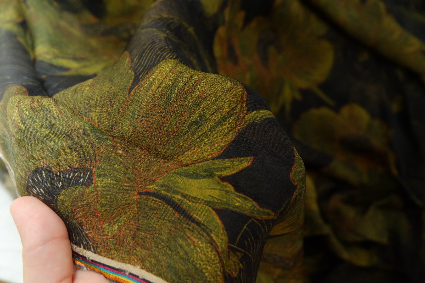 Dark Olive Floral Rayon Fabric – 3.3 yd