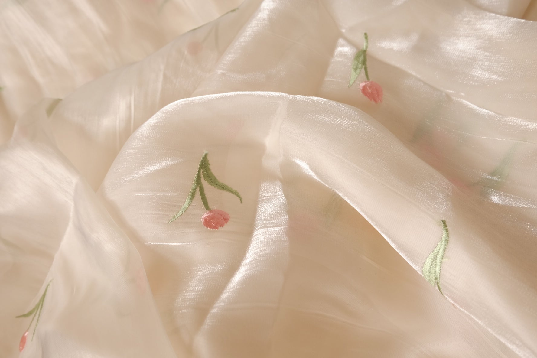 Champagne Tulip Embroidered Sheer Fabric, Soft & Shimmery, 3.3 Yards