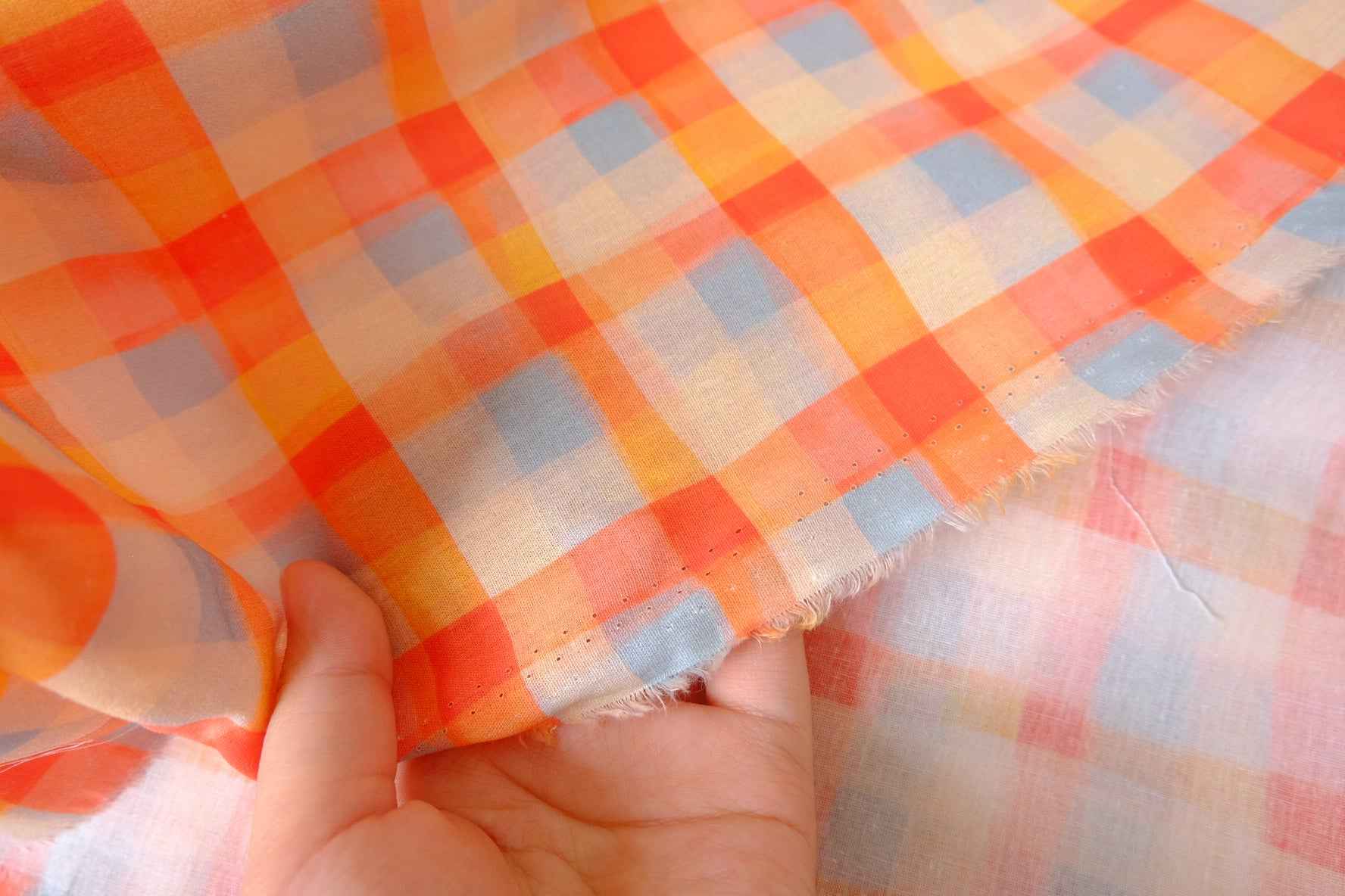Sunny Peach Check Cotton Poplin Fabric — 2.19 yd