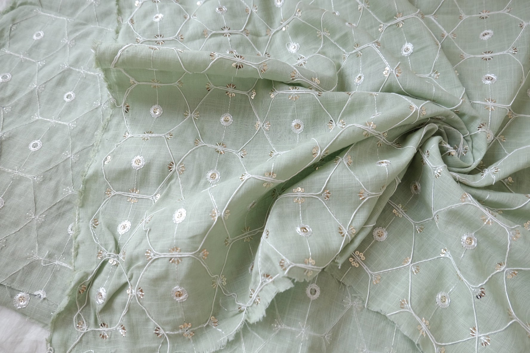 Sage Embroidered Linen Cotton with Sequin Detail, 2.19 Yards