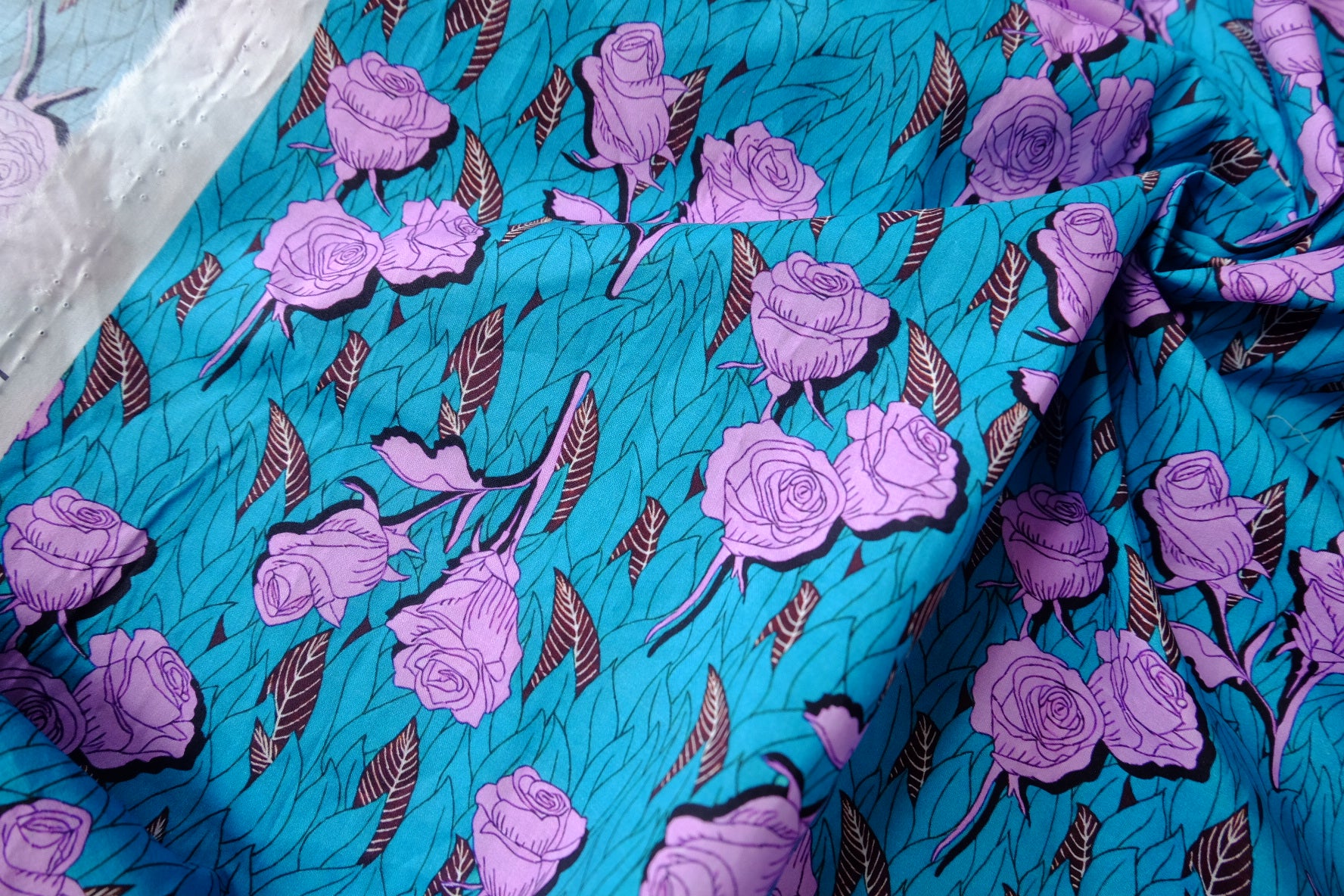 Teal Purple Rose Cotton Lawn Fabric - 2.30 yd