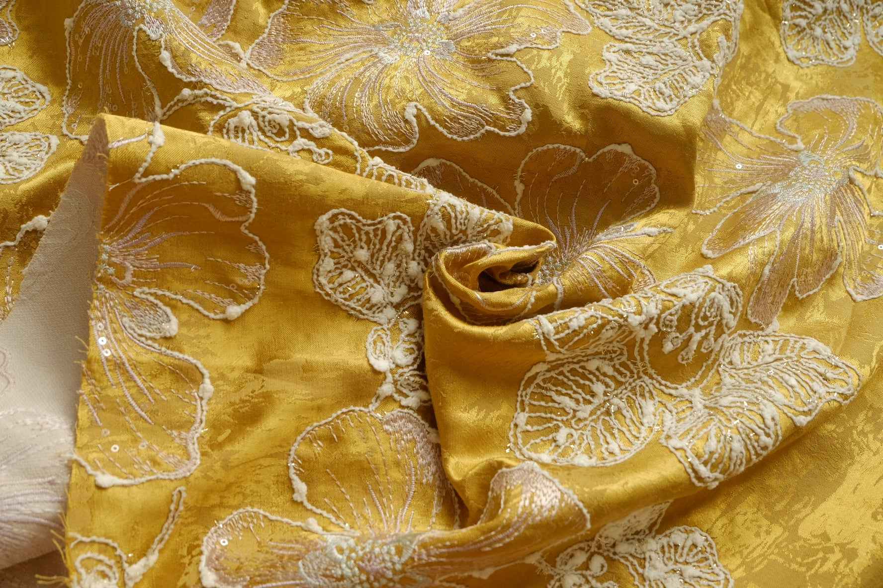 Golden Floral Embroidered Jacquard Satin, Structured Statement Fabric, 2.19 Yards