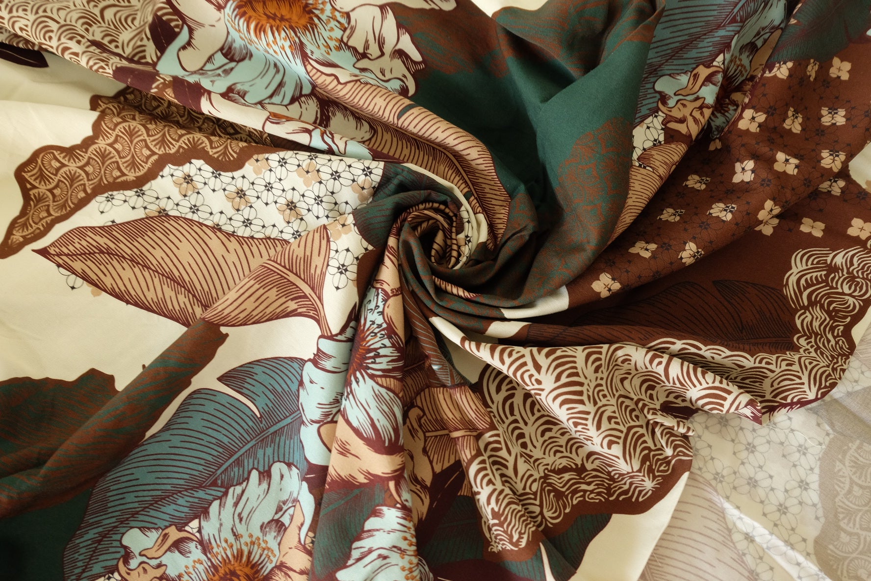 Tencel Rayon Twill Print Fabric – Artistic Floral & Geometric Boho -2 yds
