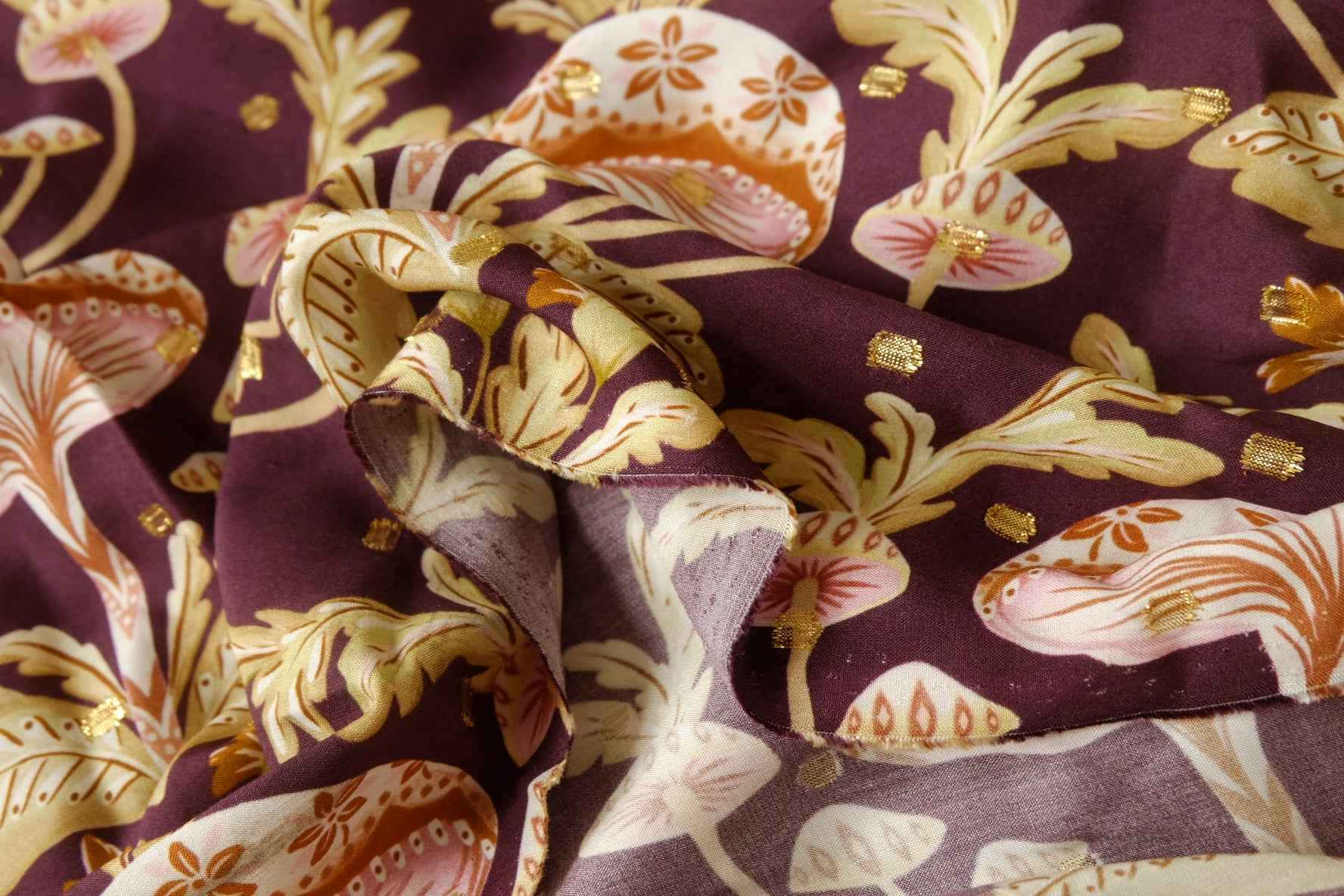 Whimsical Mushroom Botanical Dress Fabric with Gold Woven Detail, Soft Drapey Dress Weight, 3.28 Yards