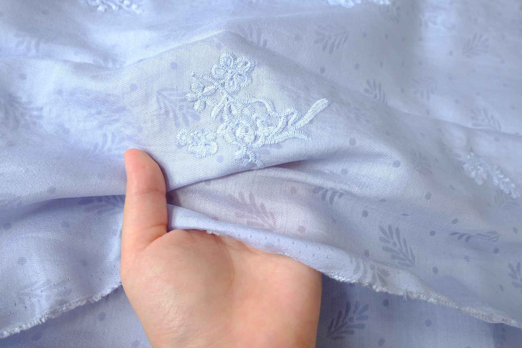 Textured Tencel Fabric with Delicate Embroidery, Soft Blue/Pink, 3.28 Yards