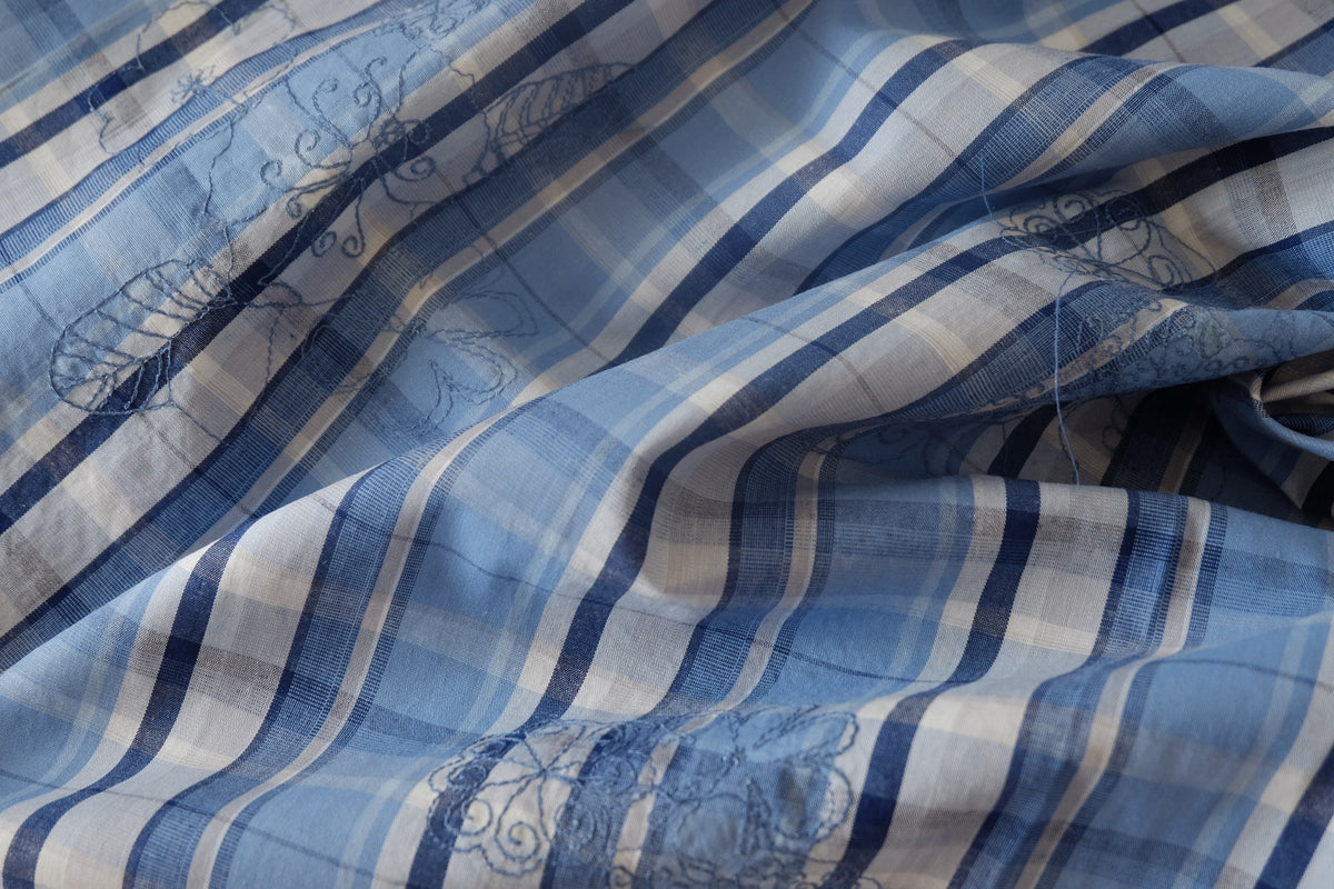 Blue Embroidered Plaid Yarn-Dyed Cotton – 1.6 yd