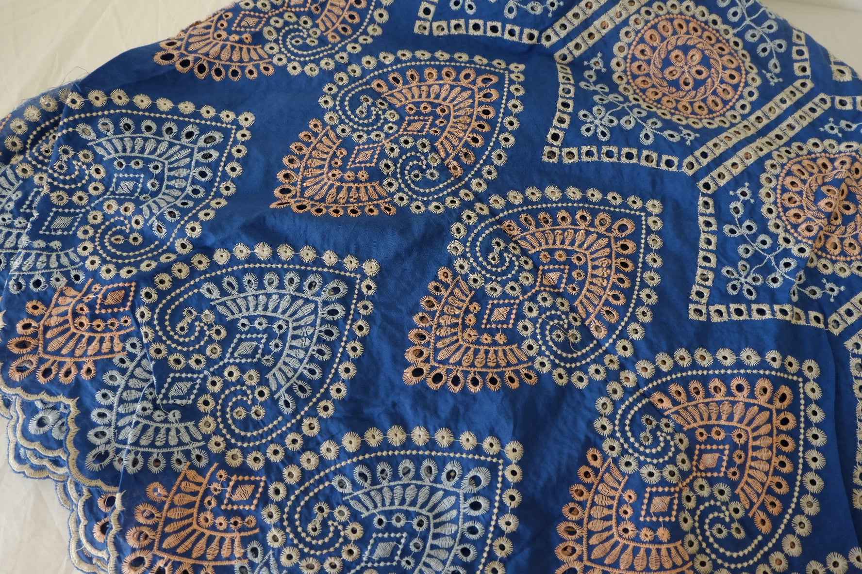Heavy Embroidered Cotton Fabric – Blue Geometric Boho Design – 3.1 yd