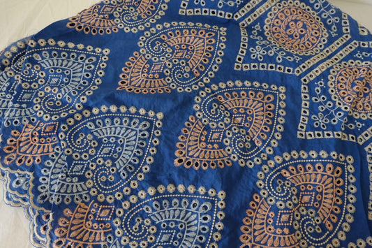 Heavy Embroidered Cotton Fabric – Blue Geometric Boho Design – 3.1 yd
